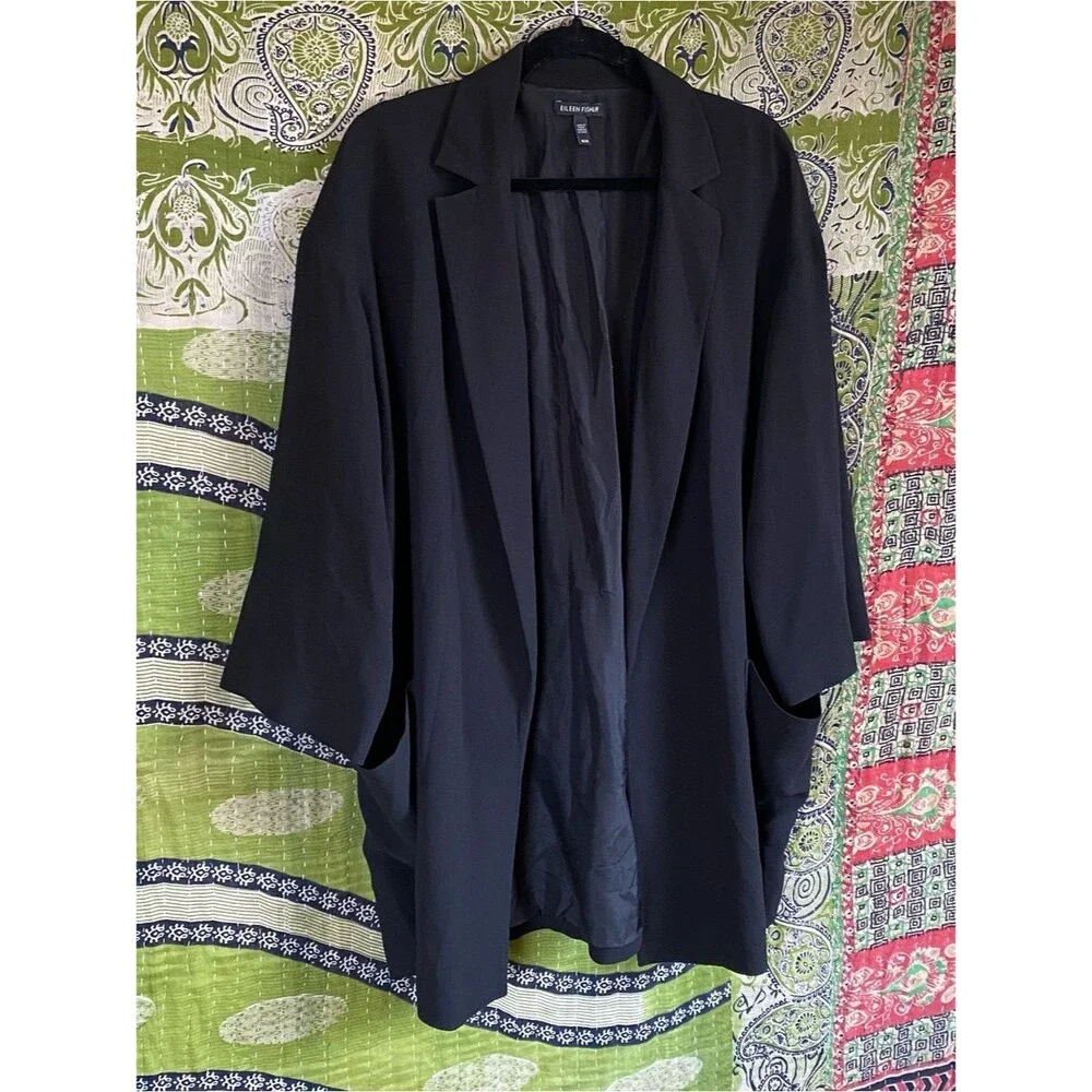 Eileen Fisher Black 100% Silk Crepe Georgette Modern Kimono Blazer Size Medium - Picture 7 of 15